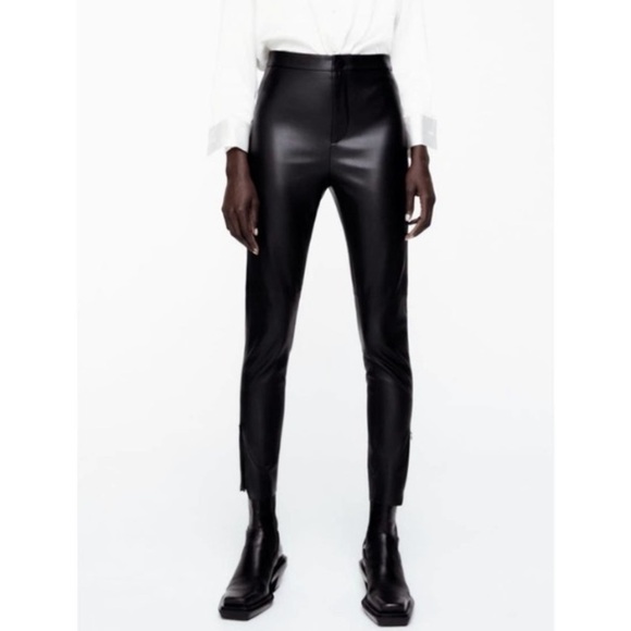 Zara Faux Leather Zip Split Ankle High Waisted Slim Straight Pants - Picture 4 of 10